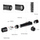 Black mini flashlight showing labeled parts: lens, reflector, pocket clip, tail switch