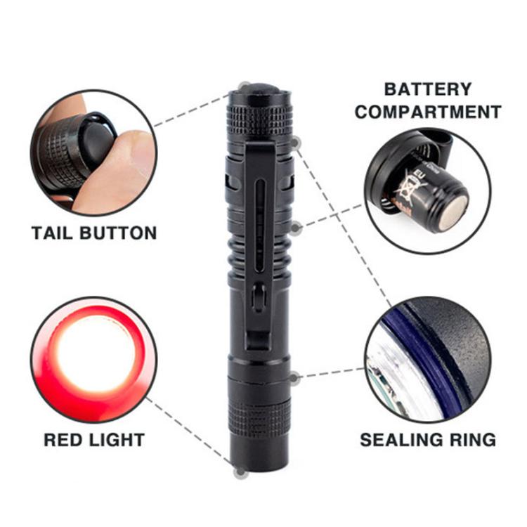 Portable mini waterproof LED flashlight with tail button, sealing ring, and red glow