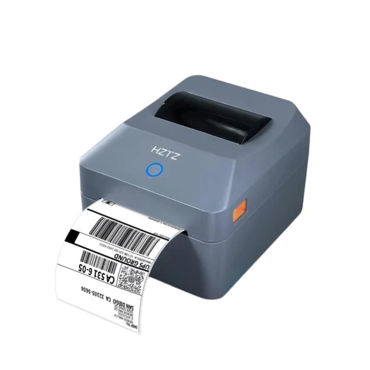 Gray thermal label printer with front label outlet and barcode labels