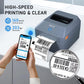 Gray thermal label printer with label output and smartphone connection