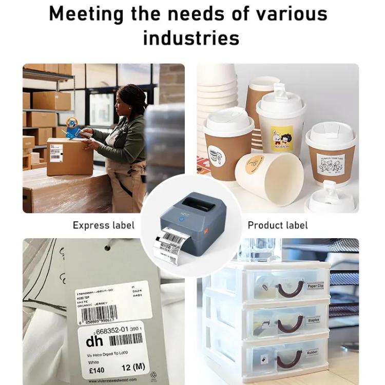 Thermal label printer with barcode labels and paper feed, compact desktop device
