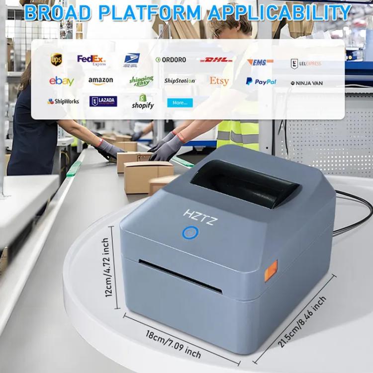 Desktop thermal label printer, dark gray body with front label slot and indicator light