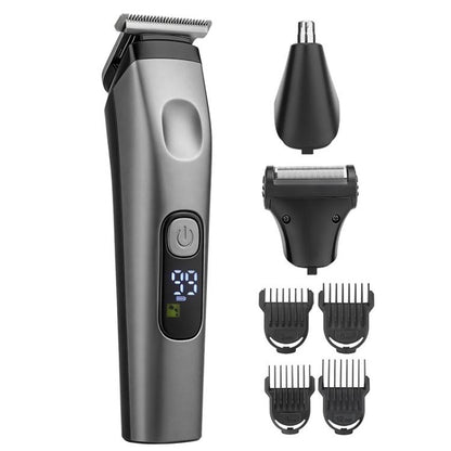 Handheld electric hair clipper with LED display, black and silver body, includes combs