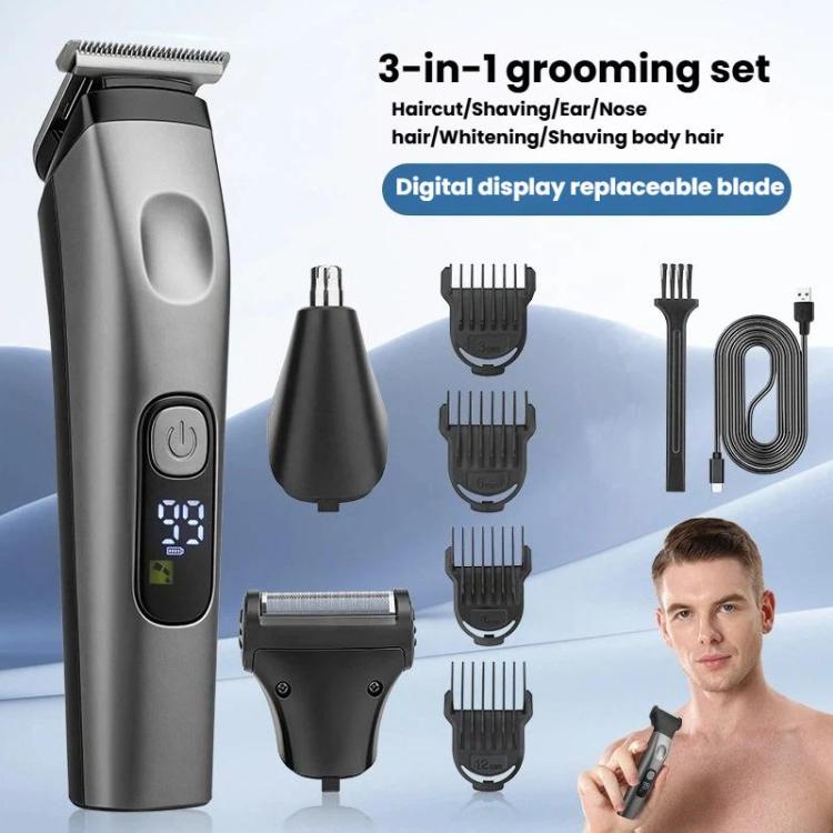Electric grooming clipper set with multiple attachment heads and blade comb guides