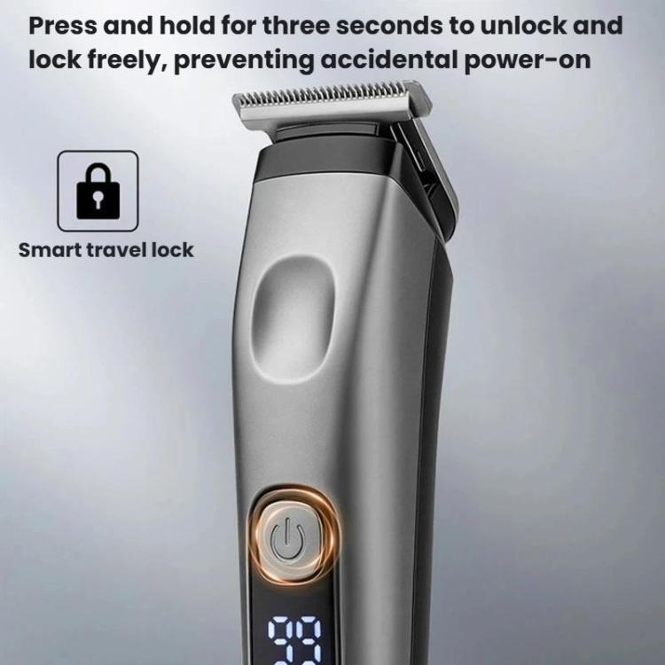 Electric hair clipper front view with rounded power button and LED indicator