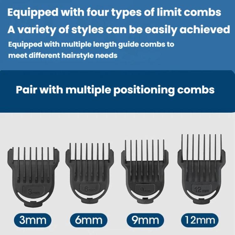 Set of four black limit comb guards with visible trimming length markings