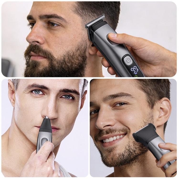 Electric clipper trimming facial hair on jawline, handheld with control button