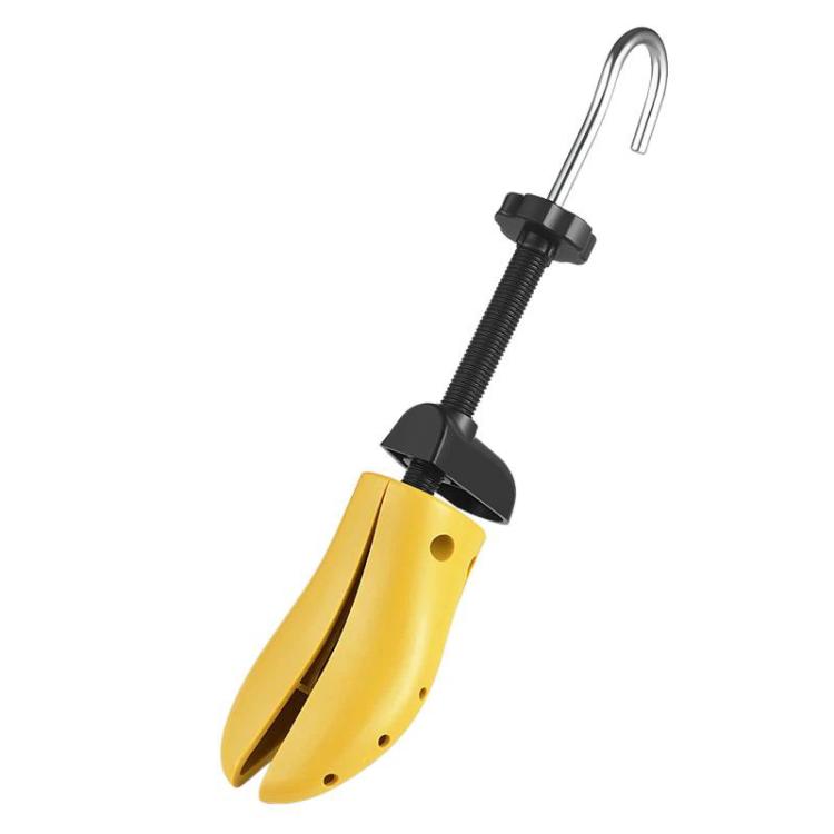 Adjustable shoe expander with yellow base, black support blocks, and chrome U handle