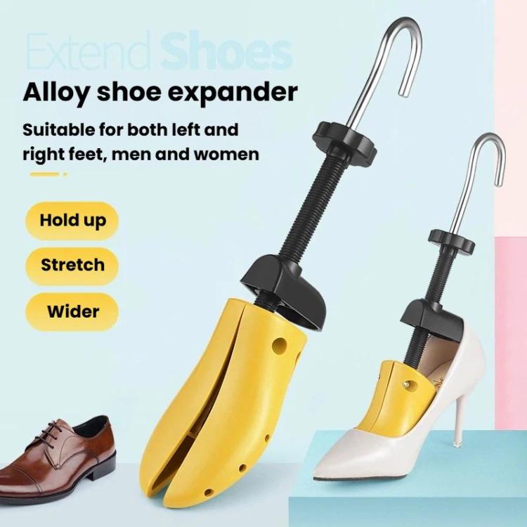 Adjustable shoe expander with yellow insert and chrome U-shaped rod, adjustable sliders