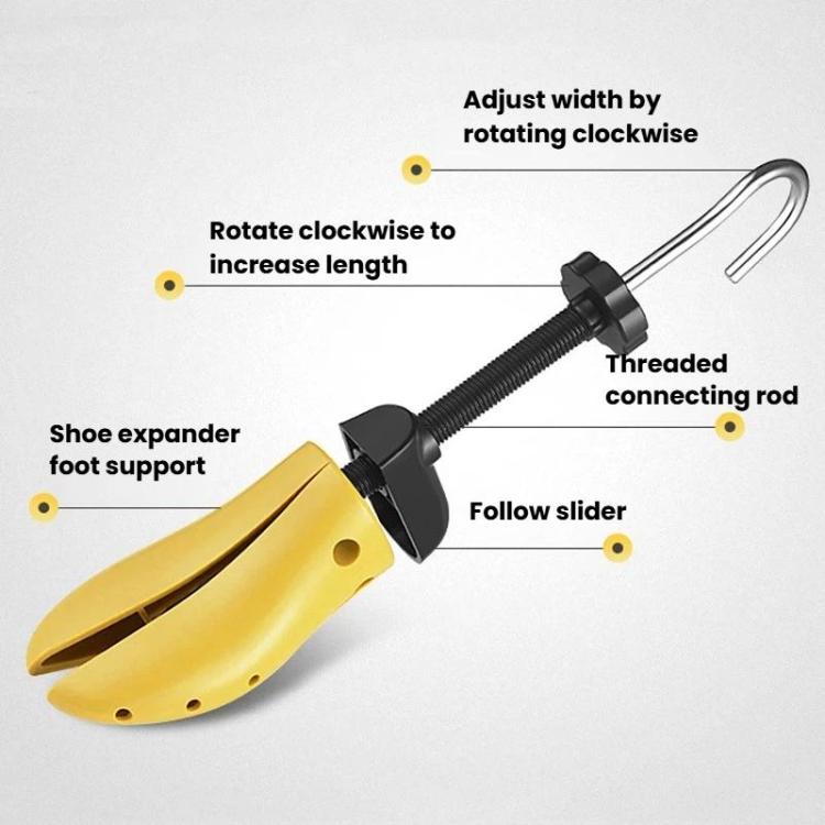 Adjustable shoe stretcher with yellow insert and threaded connecting rod with handle