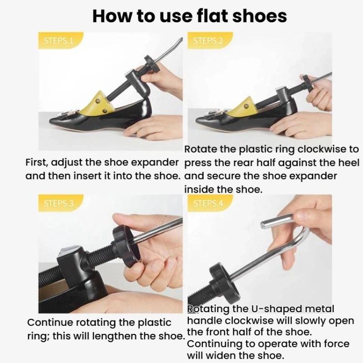 Adjustable shoe stretcher for flats with yellow insert and chrome handle for widening