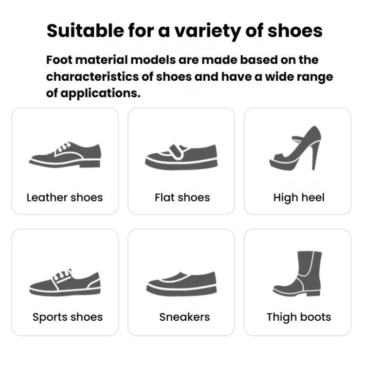 Adjustable shoe stretcher suitability diagram for leather, flats, heels, sneakers, boots