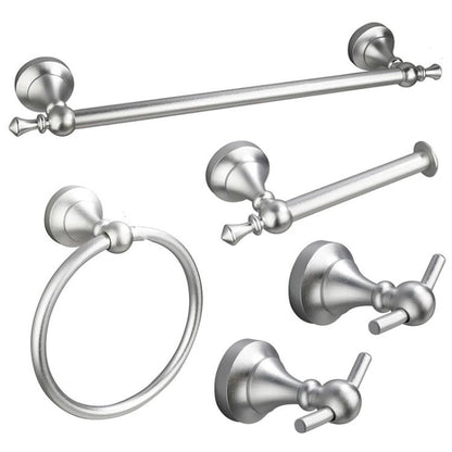 Silver wall-mounted bathroom hardware set: towel bar, towel ring, robe hooks, paper holder