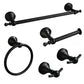 Black wall-mounted bathroom hardware set with towel bar, towel ring, robe hooks, toilet paper holder