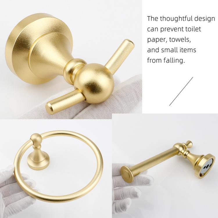 Gold wall-mounted toilet paper holder and towel ring with robe hook, round mounting bases