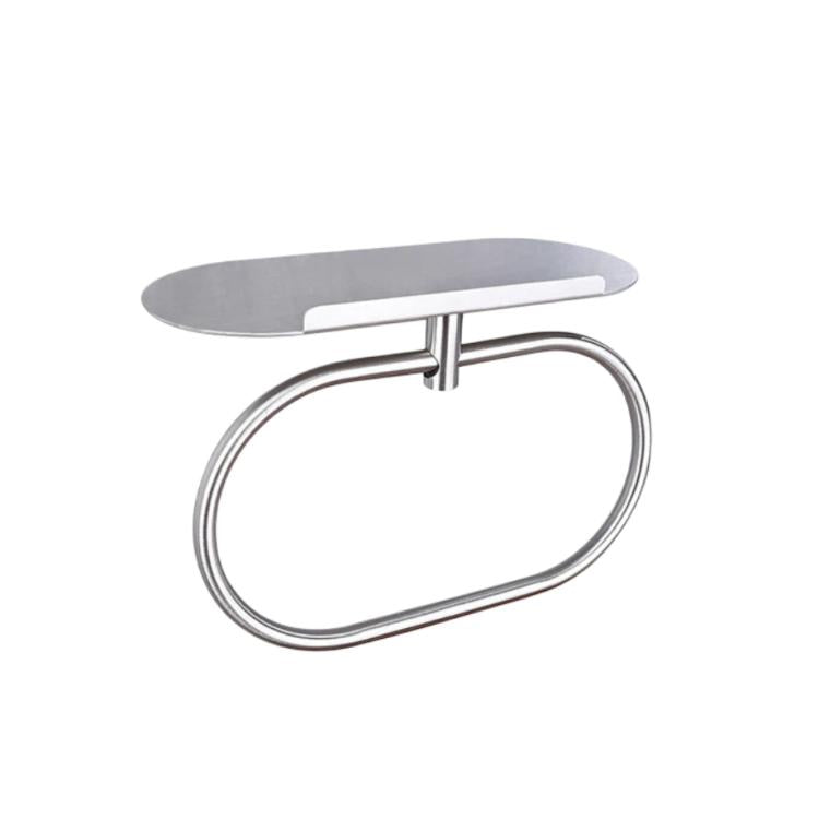 Silver stainless steel towel ring with oval top shelf, wall-mounted.