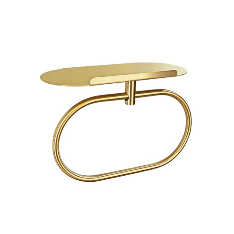 Gold stainless steel towel ring with oval top shelf, wall-mounted.