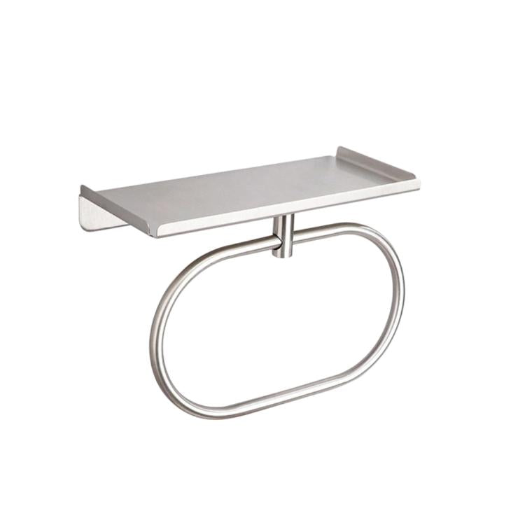 Silver stainless steel towel ring with rectangular top shelf, wall-mounted.