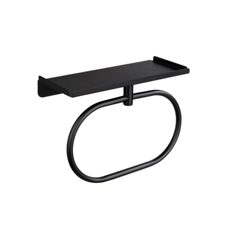 Black stainless steel towel ring with rectangular top shelf, wall-mounted.