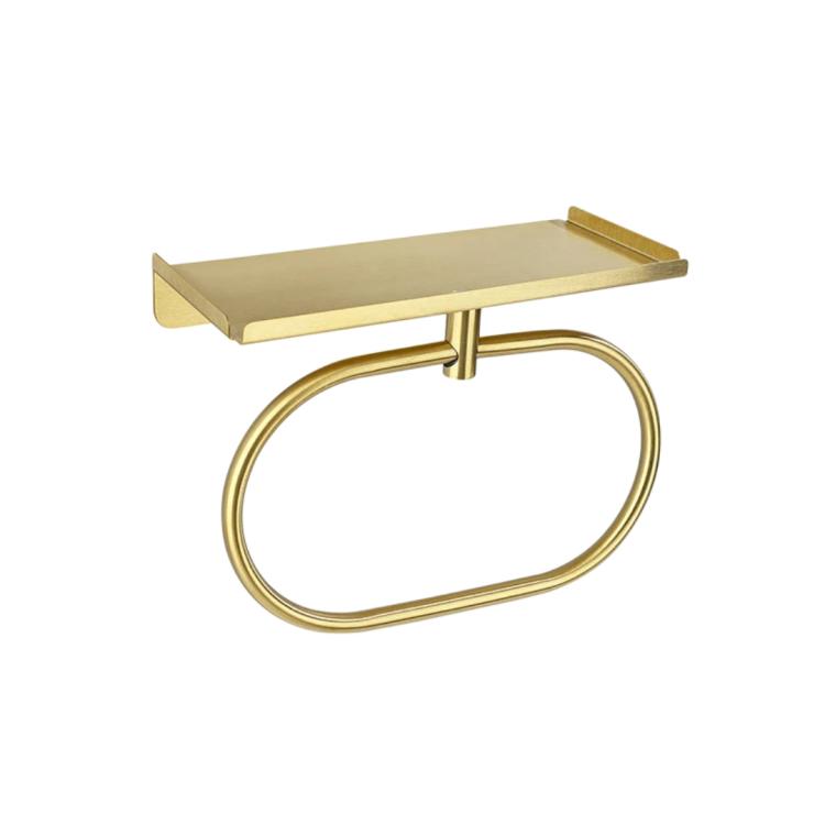 Gold stainless steel towel ring with rectangular top shelf, wall-mounted.