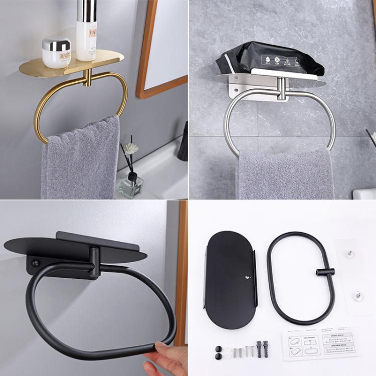 Black towel ring and shelf kit with mounting hardware and instructions.