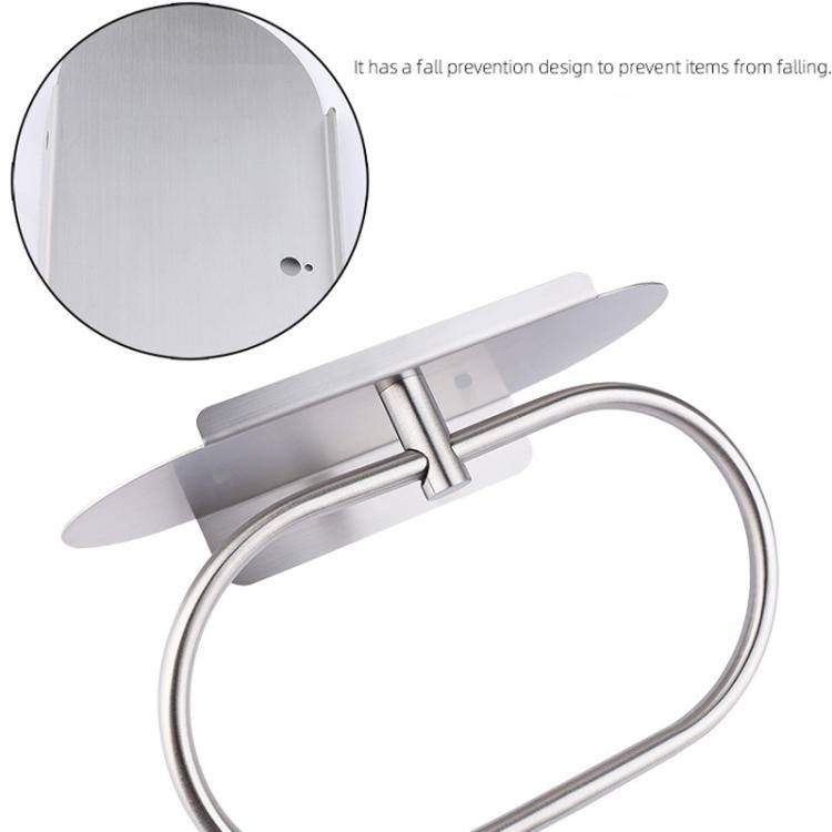 Silver stainless steel towel ring with oval shelf and circular wall plate.