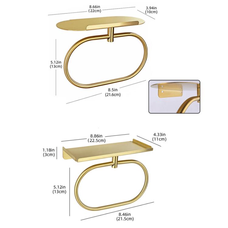 Wall-mounted towel ring with shelf, gold stainless steel