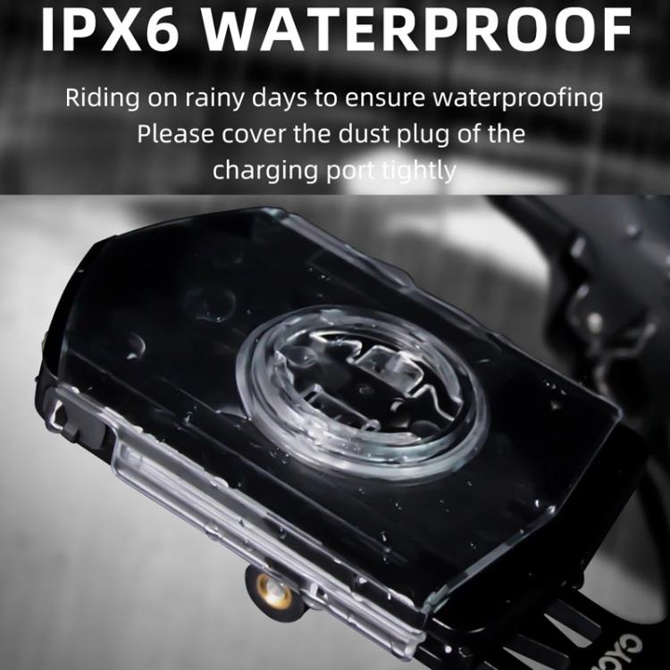 Black IPX6 waterproof bike light with clear front lens and mounting bracket