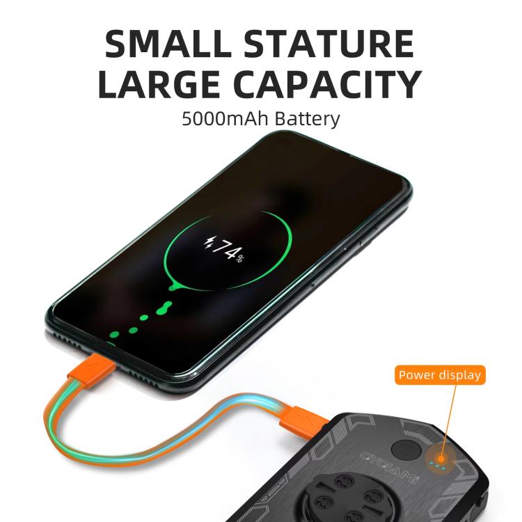 Black bike light connected to phone display via orange charging cable
