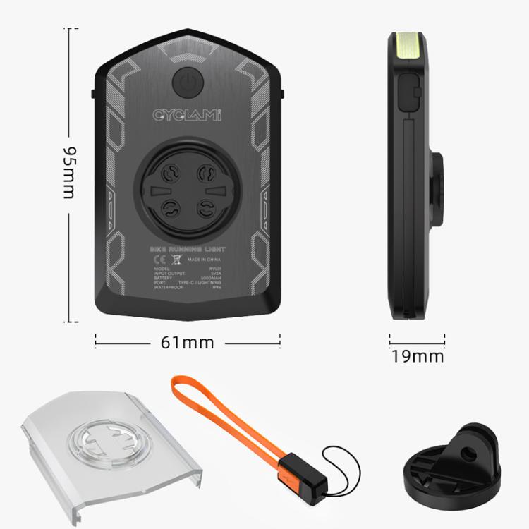 Black bike warning light with mounting base, orange charging cable, and lens cover
