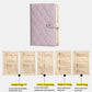Lavender quilted jewelry organizer book with snap closure and removable inner pages with pockets.