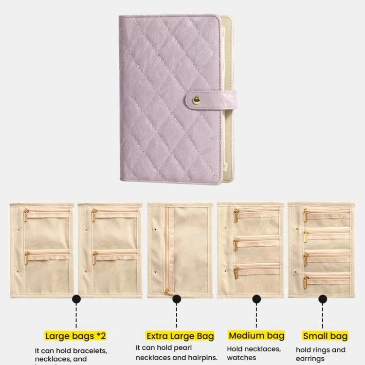 Lavender quilted jewelry organizer book with snap closure and removable inner pages with pockets.