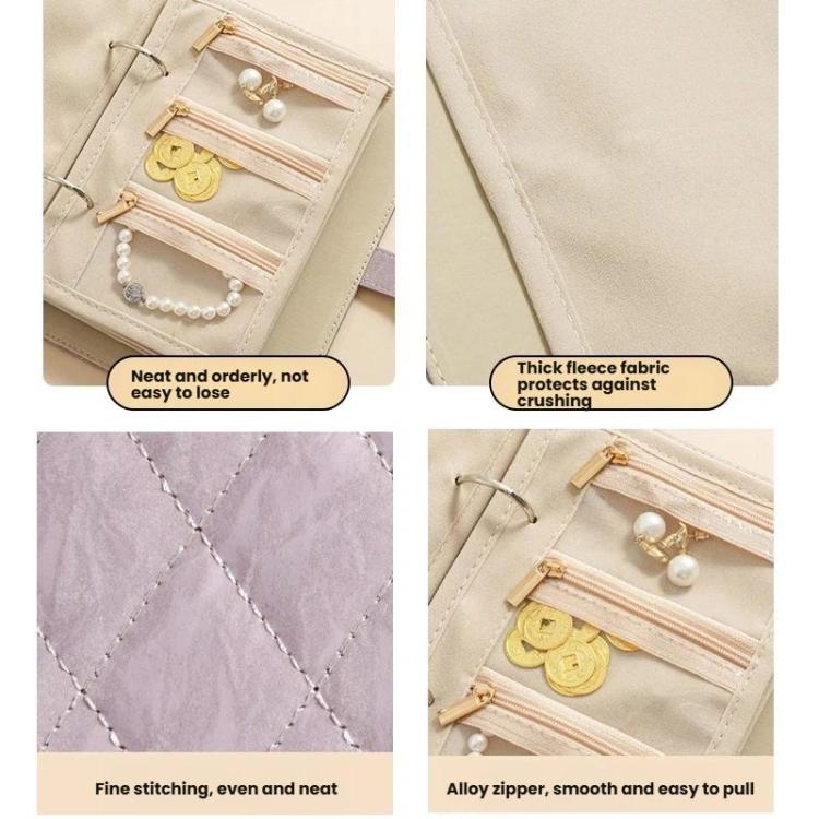 Beige jewelry organizer book detail with smooth zipper rows and fine stitched quilted fabric.