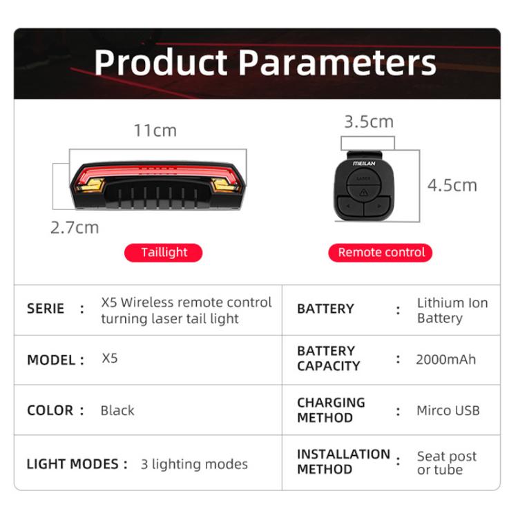 Black wireless remote-controlled cycling laser tail light with turn signal