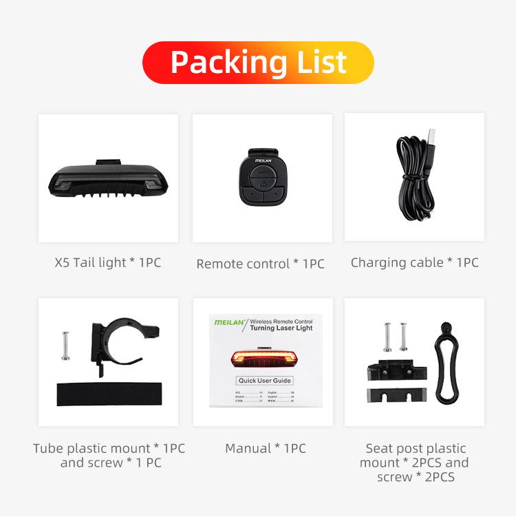 Cycling laser tail light kit: tail light, remote control, charging cable, mounts
