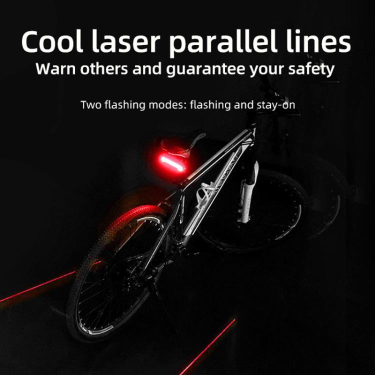 Laser bicycle tail light projecting red parallel lines, mounted on rear frame
