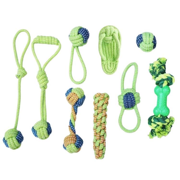 Cotton rope dog toy set with green ropes, blue knot balls, and braided chew pieces