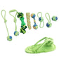 Cotton rope dog toy set with green flat braided chew and blue/green rope knots