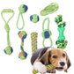Cotton rope dog toy set with green ropes, blue knot balls, and braided bone pull piece