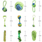 Cotton rope dog toy set size chart showing green ropes and blue knot ball toys