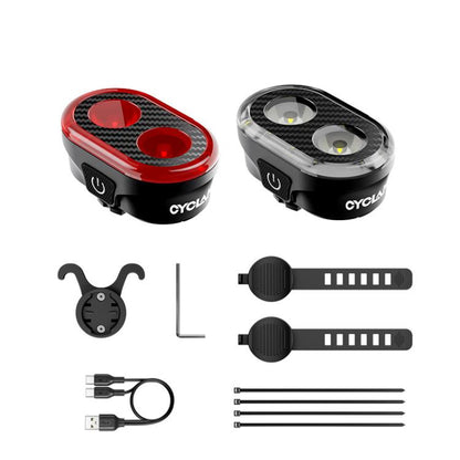 Bicycle front and rear light set with two oval red lenses and mounting accessories