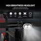 Handlebar-mounted bike headlight with two front LED lenses and control button