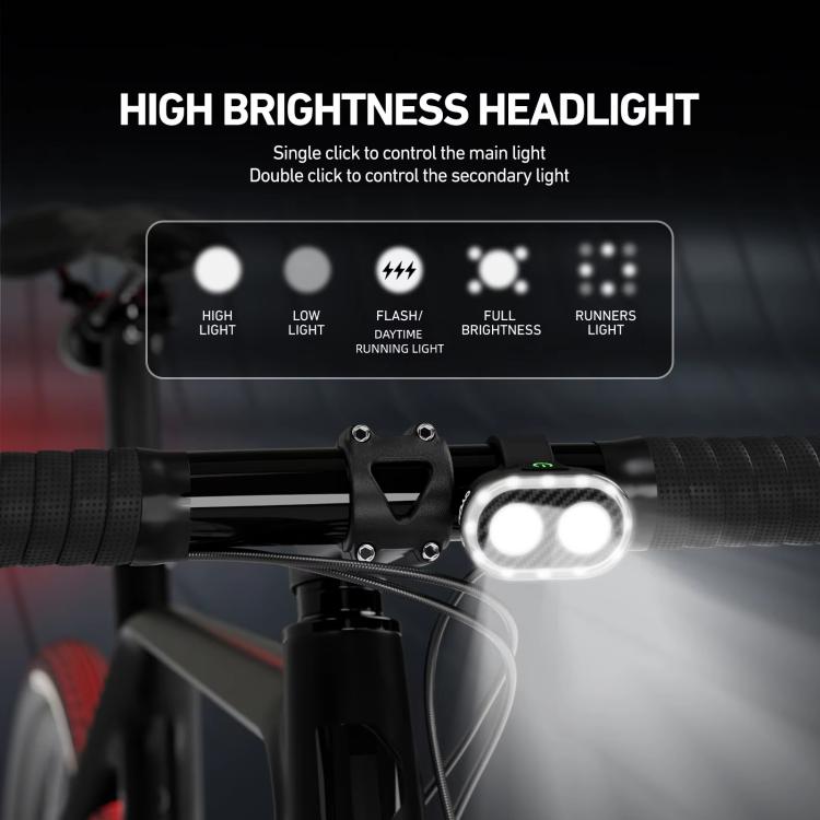 Handlebar-mounted bike headlight with two front LED lenses and control button