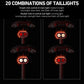 Rear bike taillight showing multiple red light pattern modes with four lens views
