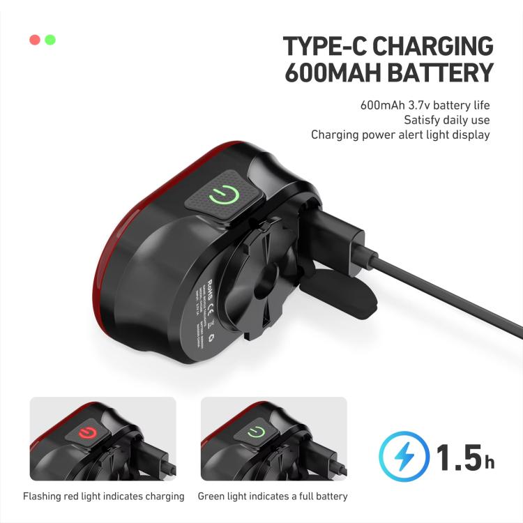 Rechargeable bike light with Type-C port and battery status indicator on the housing
