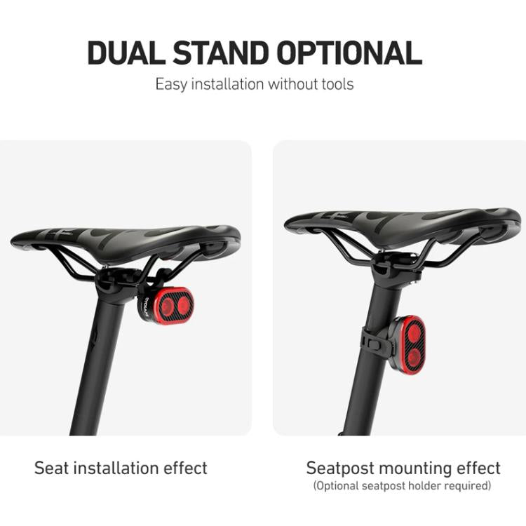 Rear bike taillight mounted on seat and seatpost with red oval lens