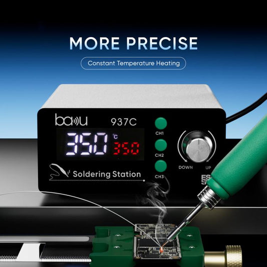 BAKU BA-937C LCD control panel with three temperature readings and green soldering iron
