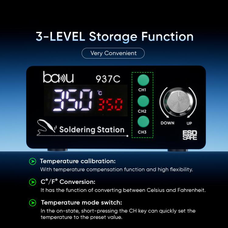 BAKU BA-937C soldering station display with green-lit buttons and temperature controls