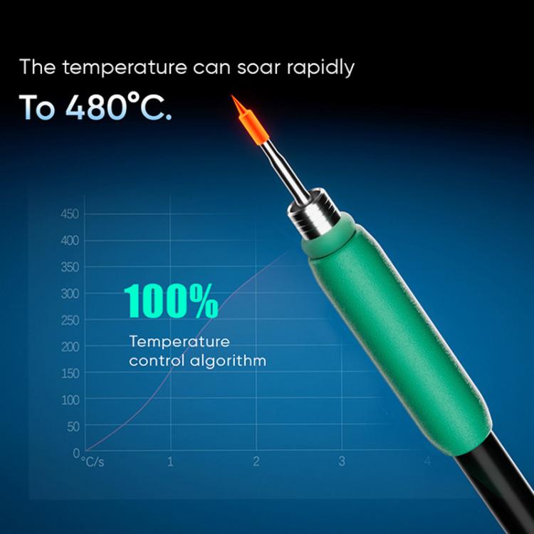 Green soldering iron handle with metal soldering tip and orange heat indicator