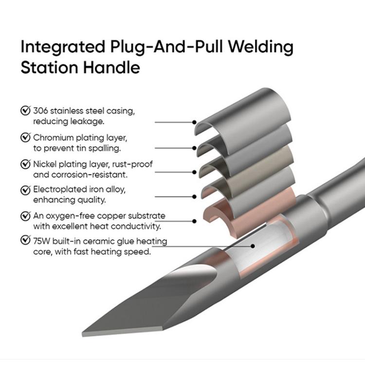 Plug-and-pull soldering handle with metal contact sleeve and conical tip